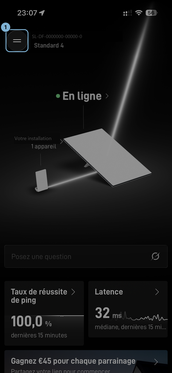l'écran d'accueil de l'application