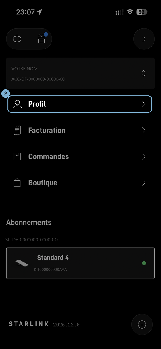 le menu du compte