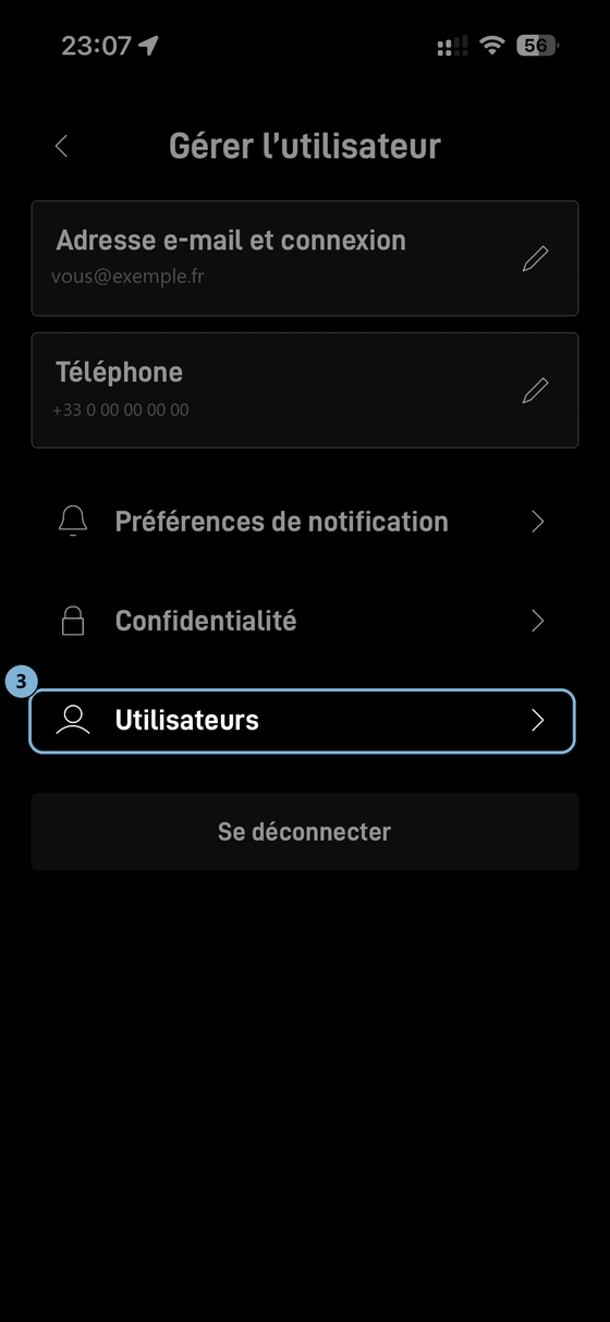 « Gérer l'utilisateur », avec la ligne Utilisateurs